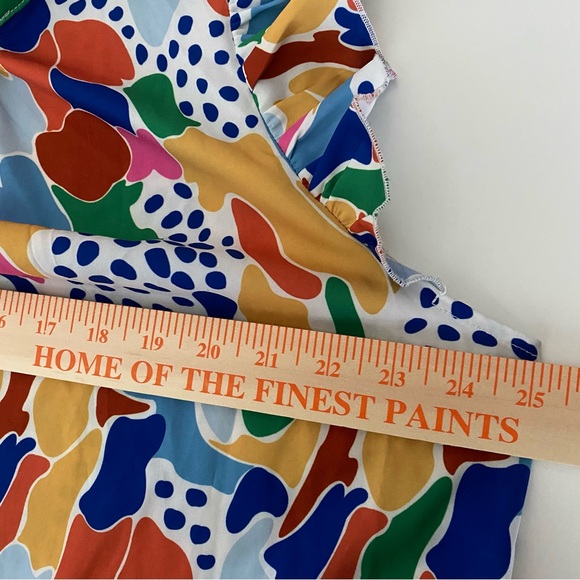 Multicolor Abstract Print Ruffle Sleeve Geometric Fun Statement Top - Picture 6 of 6